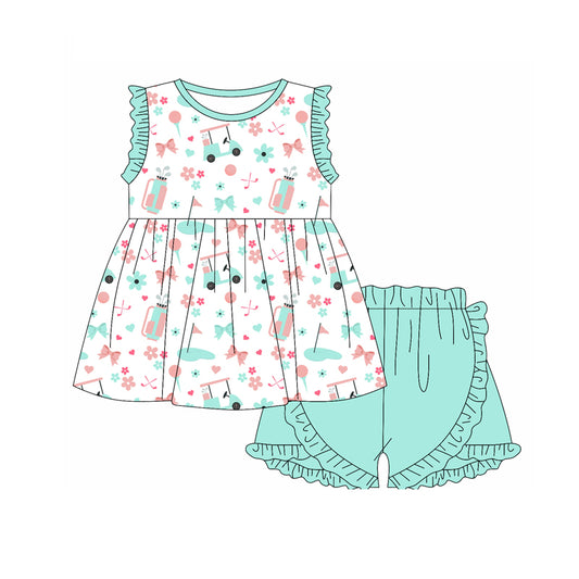 Preorder (moq 5)Baby Girls Golf Green Bows Tunic Top Shorts Clothes Sets