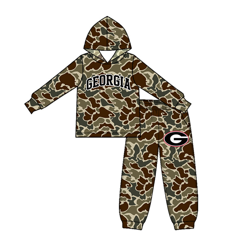 Preorder (moq 5) Baby Boy Clothes Georgia Team Dark Brown Camo Print Long Sleeve Hoodie Jogger Pant Set