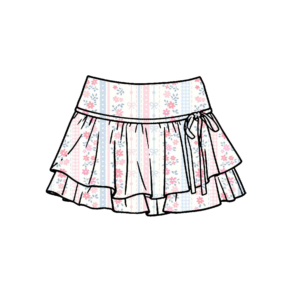 Preorder (moq 5)Baby Girls Flower Bows Stripe Double Ruffle Skirt Shorts Bottom
