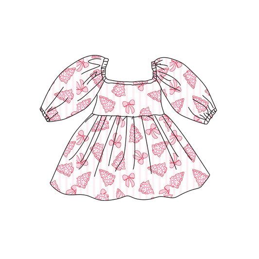 Preorder (moq 5)Baby Girls Pink Stripe Bows Trees Christmas Knee Length Dresses