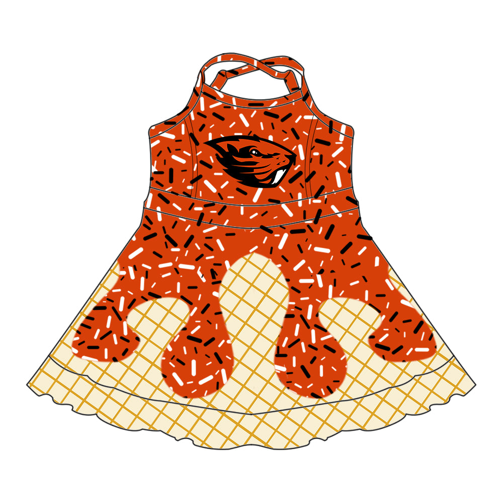 Preorder (moq 5)Baby Girls Strap Orange Eagle Drip Shorts Ruffle Team Knee Length Dresses