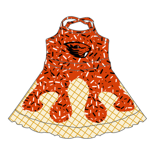 Preorder (moq 5)Baby Girls Strap Orange Eagle Drip Shorts Ruffle Team Knee Length Dresses