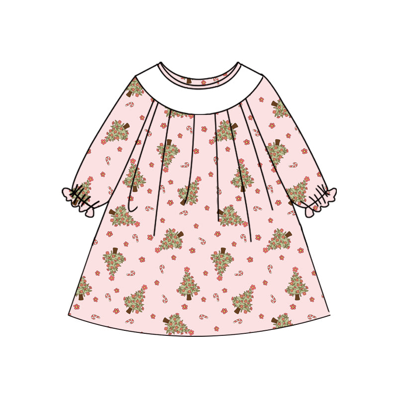 Preorder (moq 5)Baby Girls Pink Long Ruffle Sleeves Flower Candy Cane Trees Knee Length Dresses