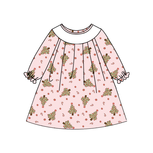 Preorder (moq 5)Baby Girls Pink Long Ruffle Sleeves Flower Candy Cane Trees Knee Length Dresses