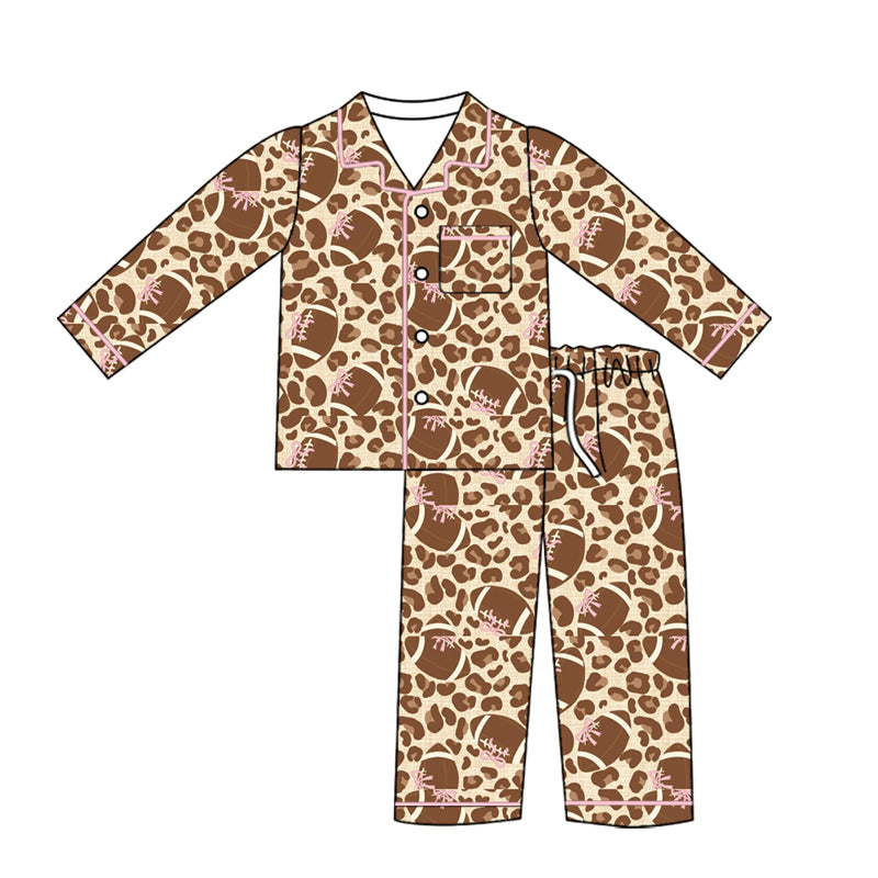 Preorder (moq 5)Baby Girls Bows Footballs Leopard Button Pocket Top Pant Team Pajamas Sets