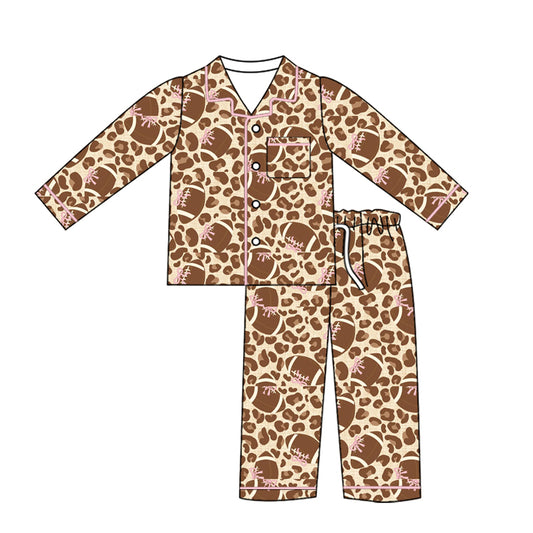 Preorder (moq 5)Baby Girls Bows Footballs Leopard Button Pocket Top Pant Team Pajamas Sets