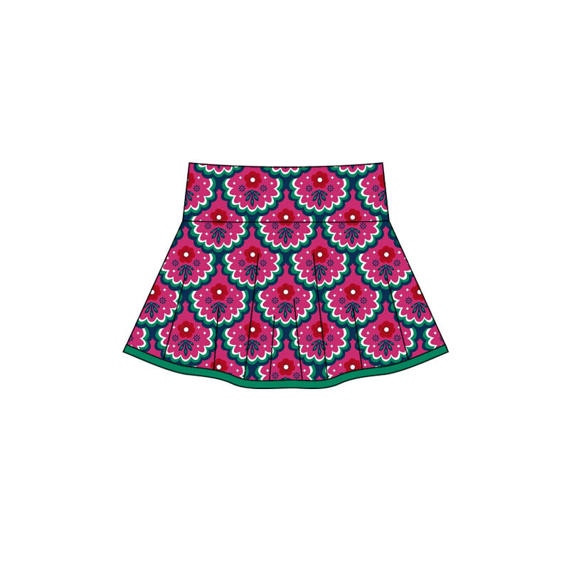 Preorder(moq 5) Baby Girls Red Flowers Checked Pleated Skirt Shorts Bottom