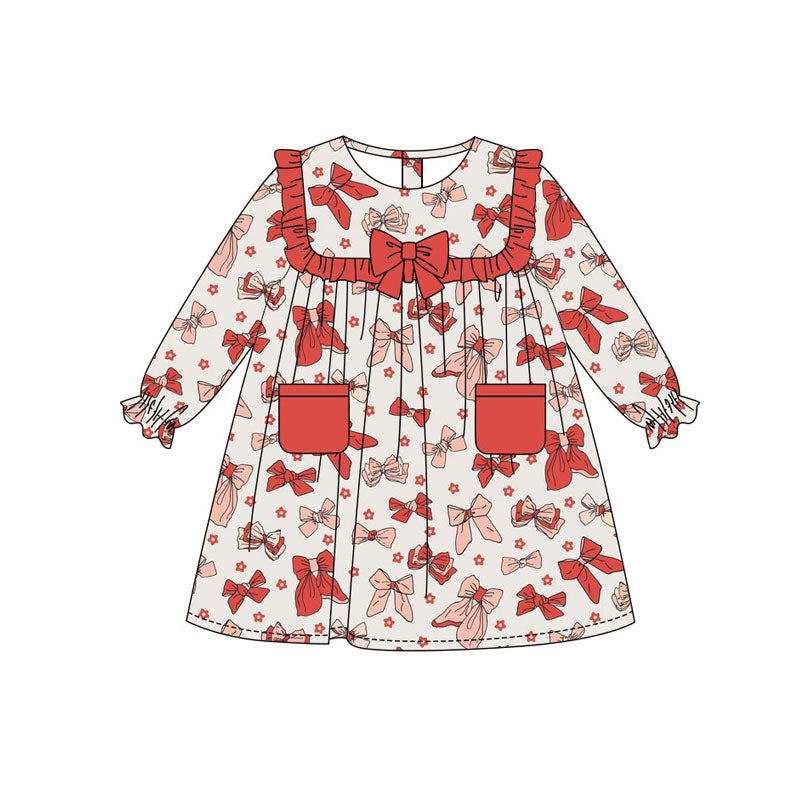 Preorder(moq 8)Baby Girls Red Flowers Bows Pockets Ruffle Sleeve Knee Length Dresses