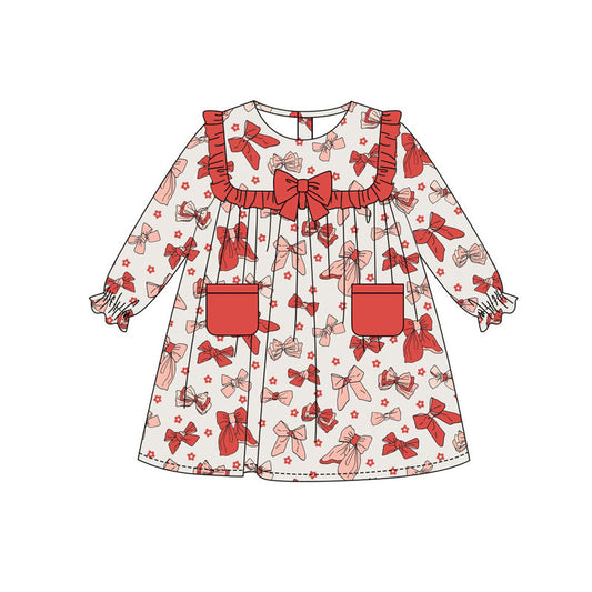 Preorder(moq 8)Baby Girls Red Flowers Bows Pockets Ruffle Sleeve Knee Length Dresses