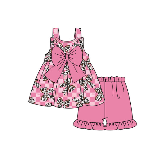 Preorder moq 5 Baby Girls Pink Strap Cow Print Bows Tunic Ruffle Short Set