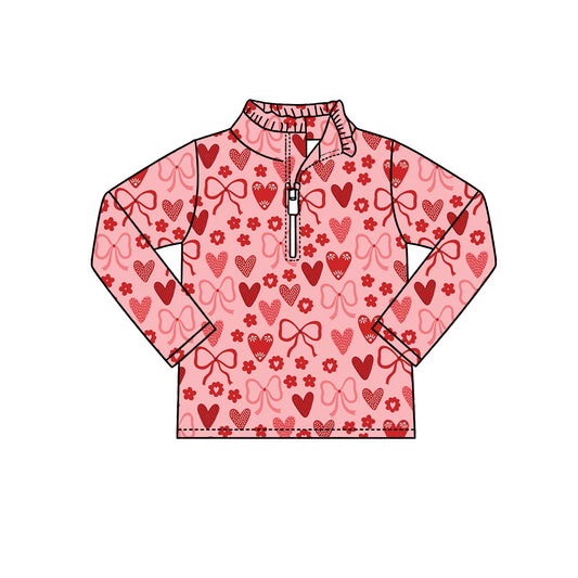 Preorder (moq 5) Baby Girl Clothes Bow And Heart Allover Print Long Sleeve Half Zip Top