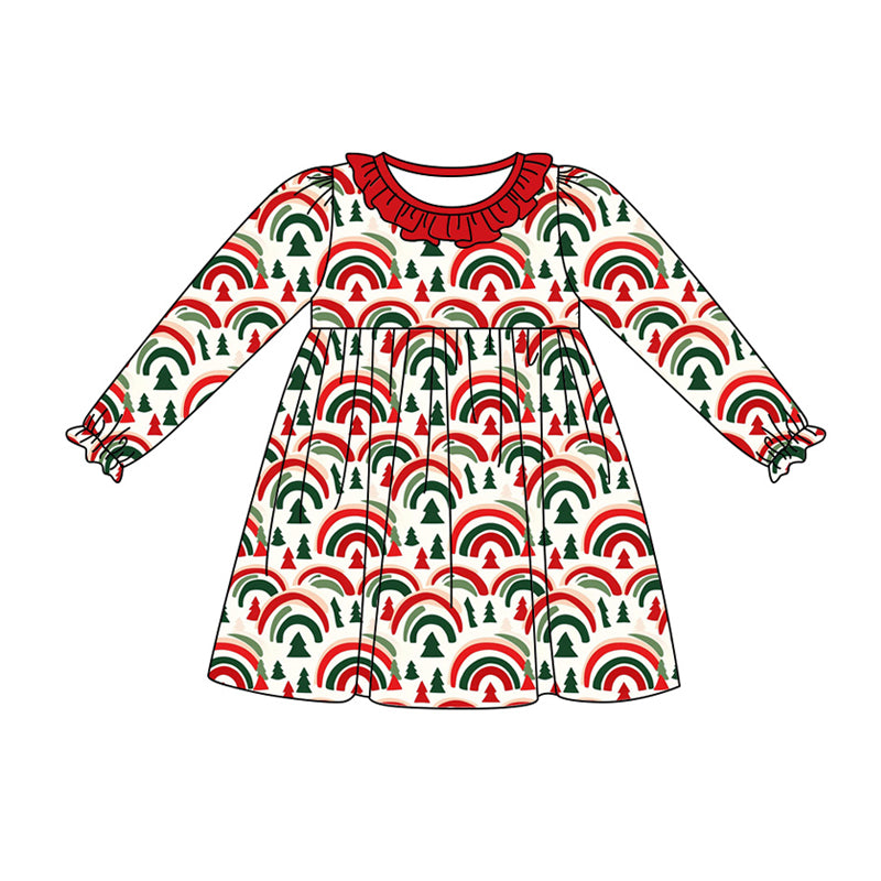 Preorder (moq 5)Baby Girls Trees Rainbows Christmas Knee Length Dresses