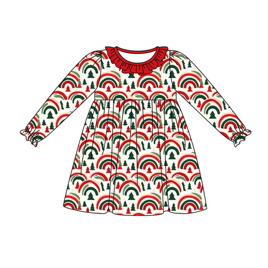 Preorder (moq 5)Baby Girls Trees Rainbows Christmas Knee Length Dresses