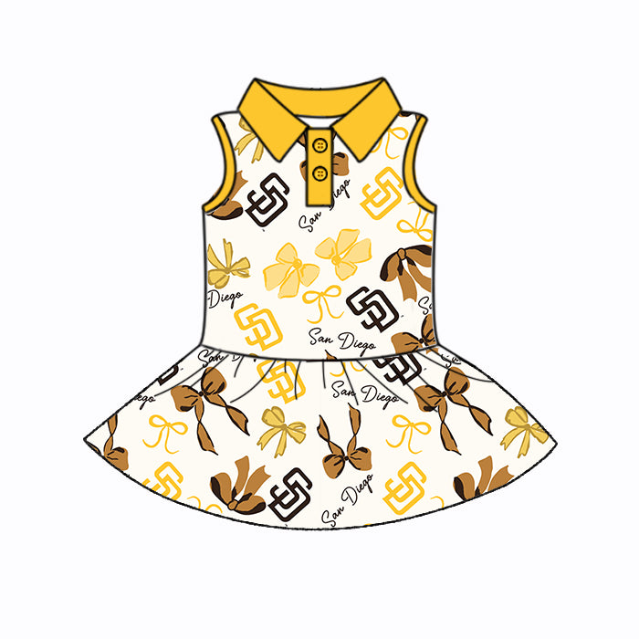 Preorder (moq 5)Baby Girls Yellow Sleeveless Bows Plaid SD Button Team Knee Length Dresses