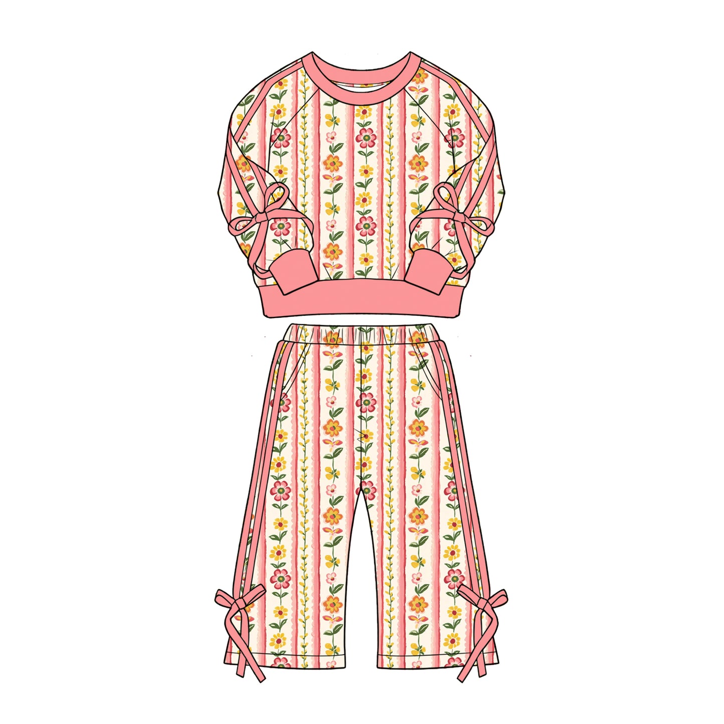 Preorder (moq 5)Baby Girls Colorful Flowers Stripe Top Flare Pockets Pant Clothes Sets
