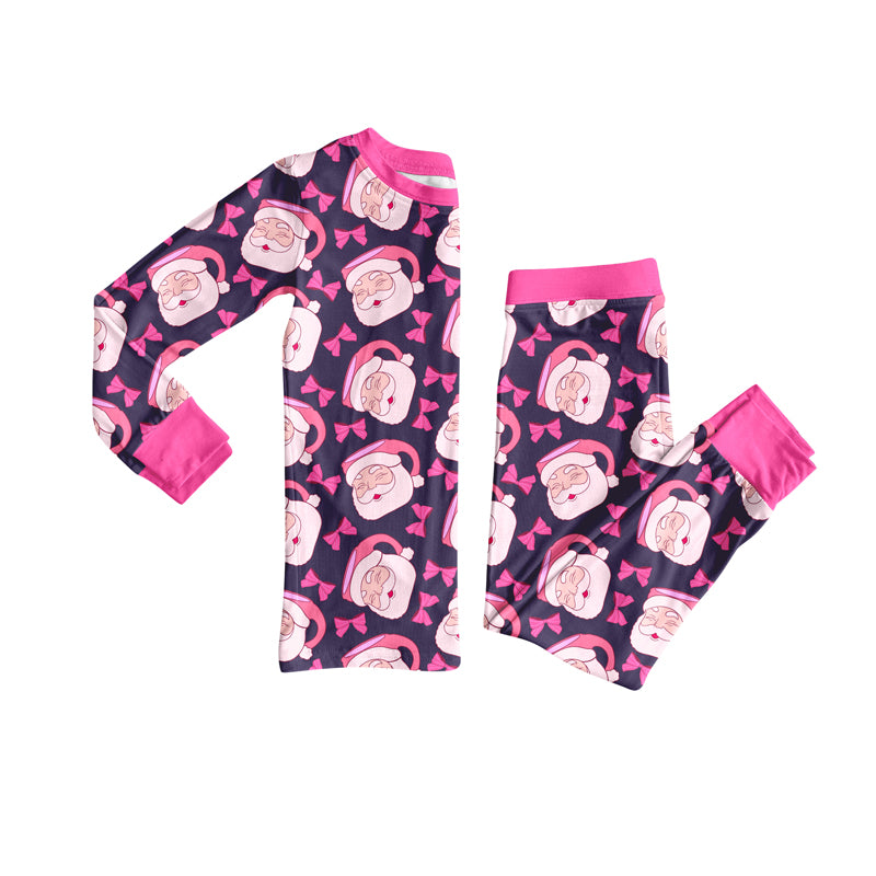 Preorder(moq 5) Baby Girls Pink Santa Bows Plaid Top Pants Christmas Pajamas Set