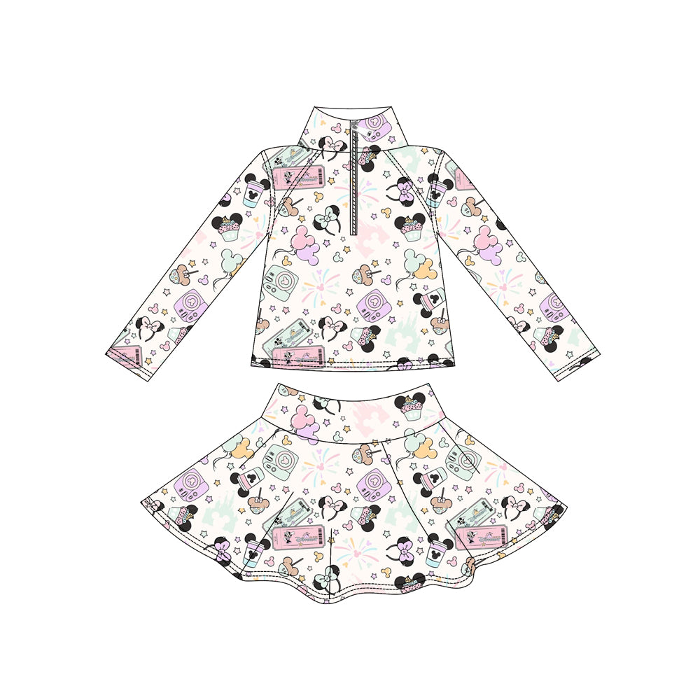 Preorder (moq 5)Baby Girls Long Sleeve Cartoon White Zip Pullover Skorts Yoga Clothes Sets