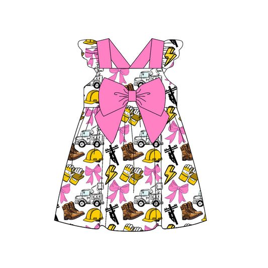 Preorder (moq 5)Baby Girls Hot Pink Flutter Sleeves Line Men Bows Knee Length Dress