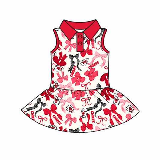 Preorder (moq 5)Baby Girls Pink Sleeveless Bows Plaid KC Chiefs Button Team Knee Length Dresses