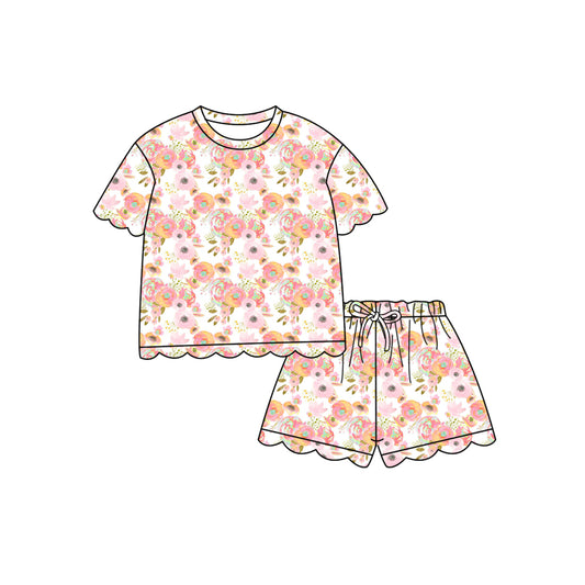 Preorder (moq 5)Baby Girls Pink Watercolor Flowers Top Scallop Shorts Clothes Sets