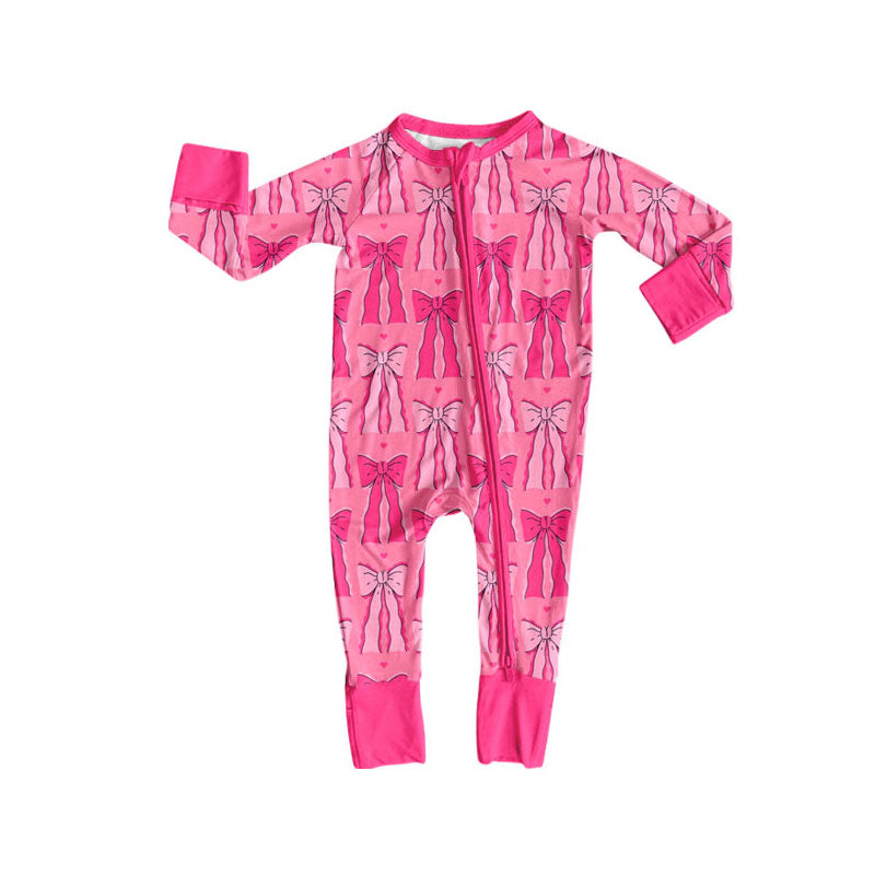 Preorder (moq 5)Baby Girls Hot Pink Bows Valentine Zipper Footie Rompers