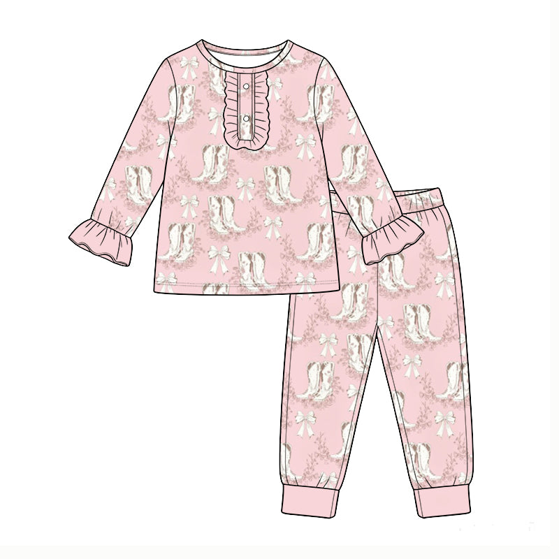 Pre-order(moq5)  Girls Clothes High-Quality Cute Print Ruffle Long Sleeve 2 Piece Pajama Set