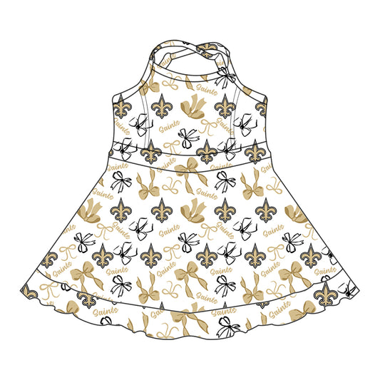 Preorder (moq 5)Baby Girls Straps Yellow Bows Plaid Saints Shorts Ruffle Team Knee Length Dresses