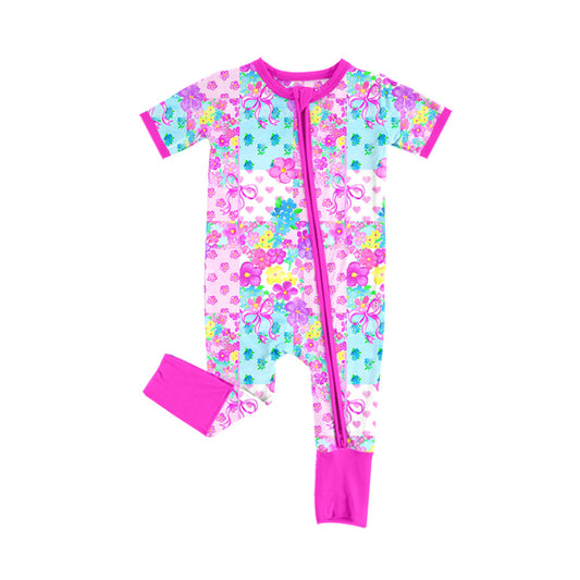 Preorder (moq 5)Baby Girls Hearts Flowers Checked Valentines Two Way Zip Convertible Rompers