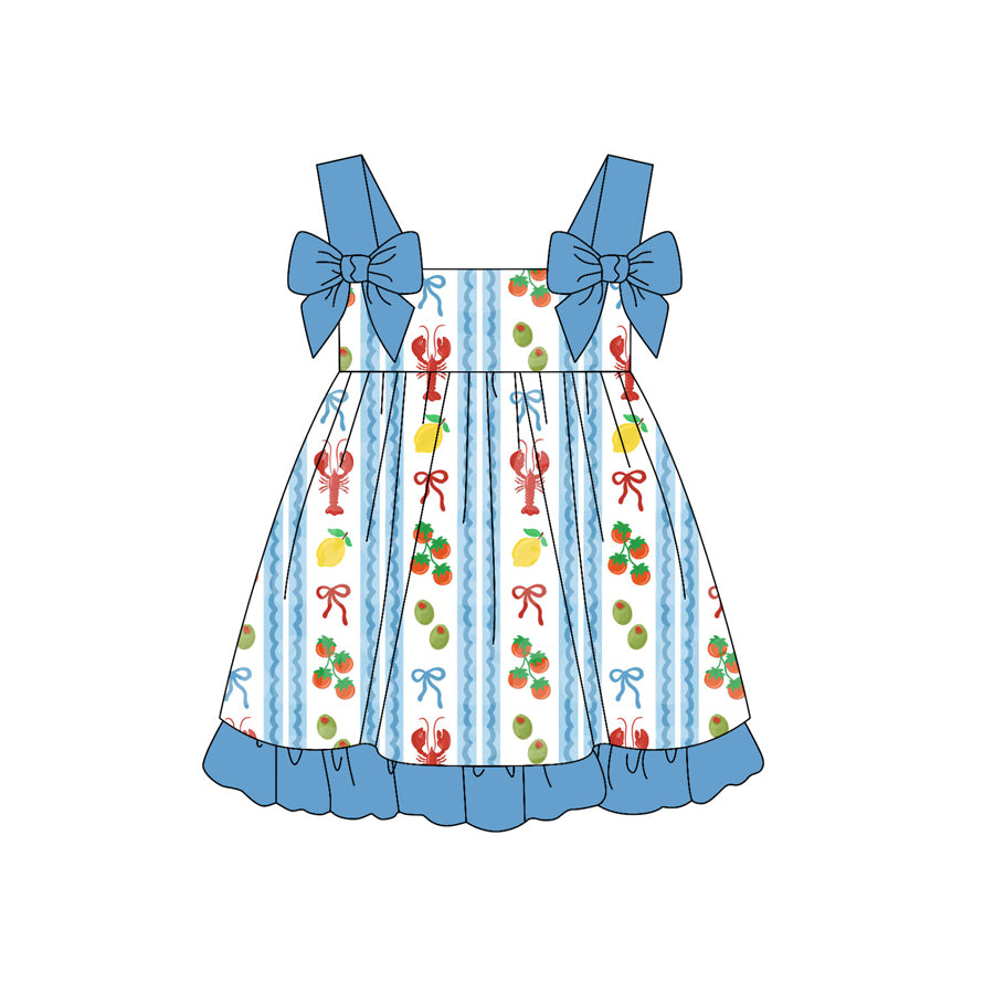 Preorder (moq 5)Baby Girls Strap Crayfishes Fruits Stripe Ruffle Knee Length Dresses