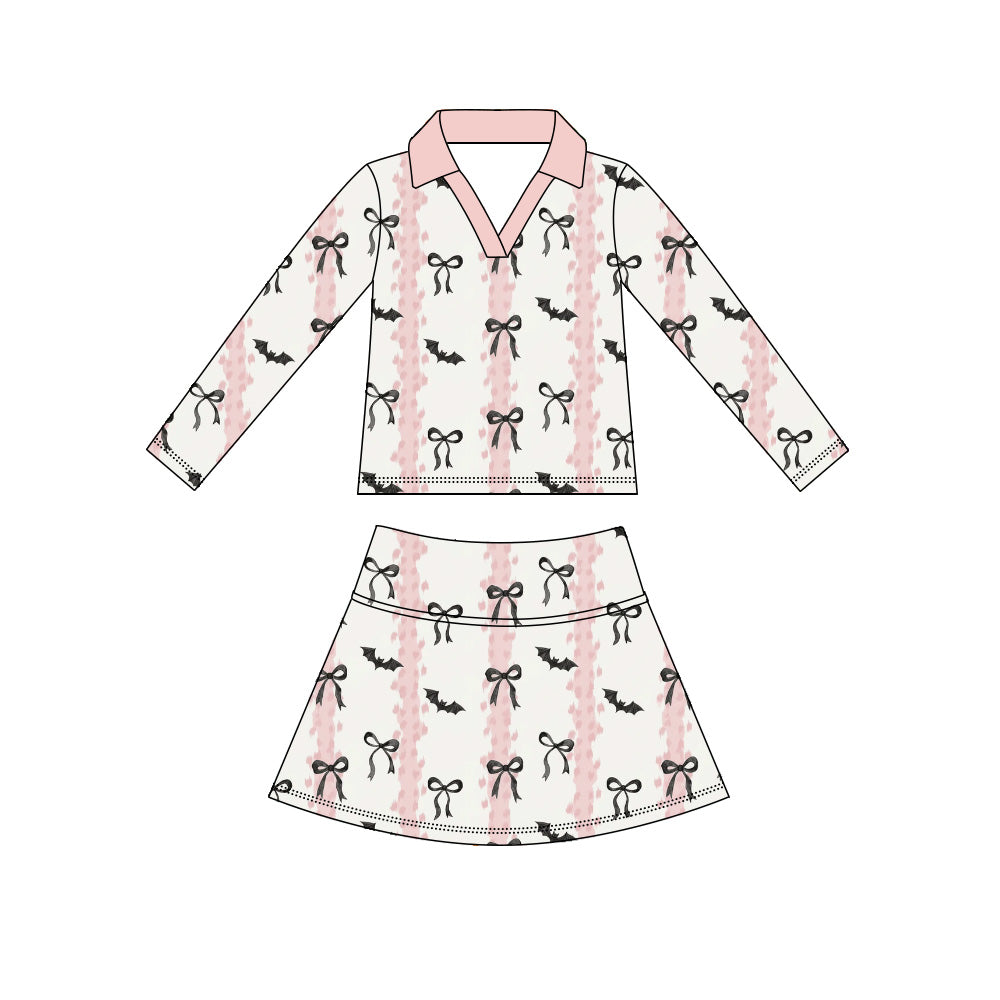 Preorder (moq 5)Baby Girls Bows Bats Stripe Top Skirt Shorts Halloween Clothes Sets
