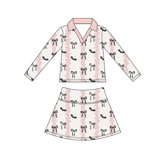 Preorder (moq 5)Baby Girls Bows Bats Stripe Top Skirt Shorts Halloween Clothes Sets