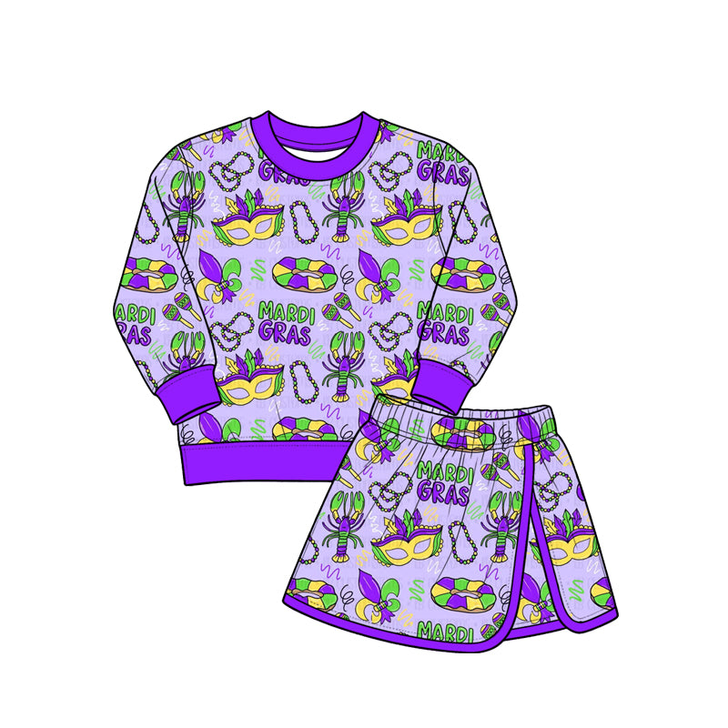 Preorder (moq 5) Girls’ Carnival Mask & Microphone Print 2-Piece Set, Long-Sleeve Sweatshirt & Slit Skirt