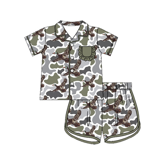 Preorder (moq 5)Baby Girls Southern Green Camo Pocket Button Ducks Top Short Hunting Pajamas Sets