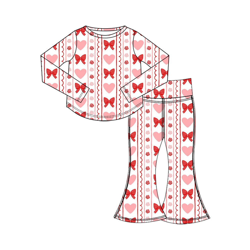 Preorder (moq 5) Baby Girl Clothes Valentines Stripe Heart Bow Rose Print Long Sleeve Flare Pant Set