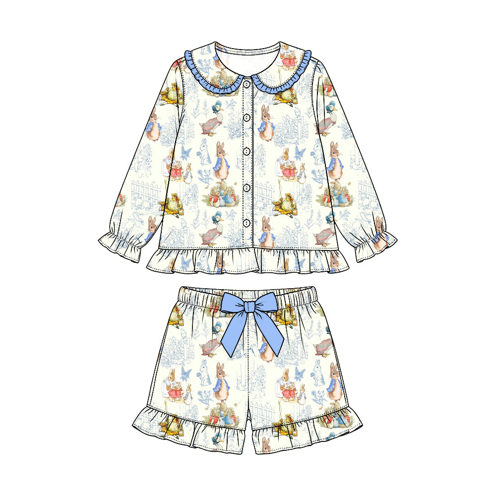 Preorder (moq 5) Baby Girl Clothes Farm Bunny Duck Animal Story Mixed Print Long Sleeve Button Shorts Pajama Set