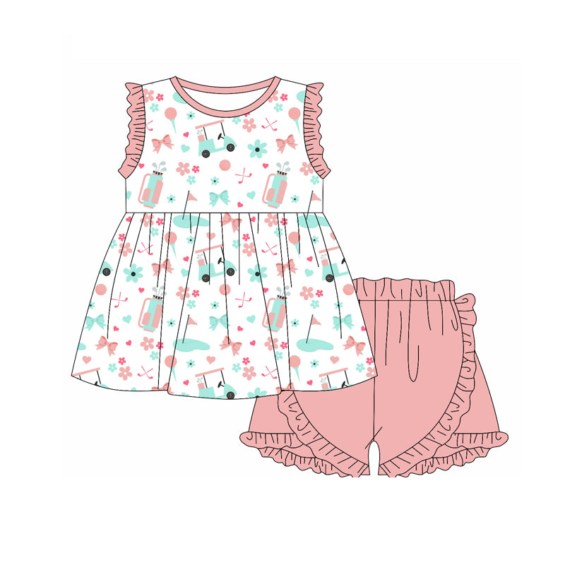 Preorder (moq 5)Baby Girls Golf Pink Bows Tunic Top Shorts Clothes Sets