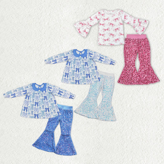 Sibling Baby Girls Bows Plaid Tunic Sequin Bell Bottom Pant Clothes Set