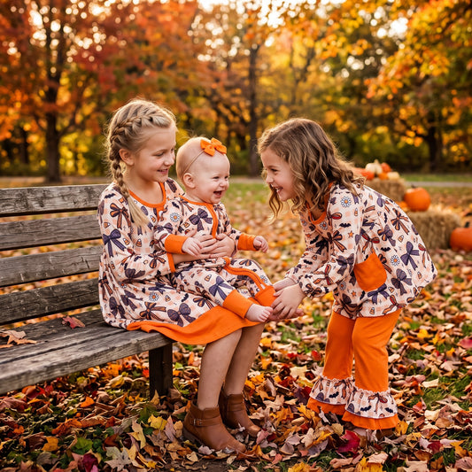 Sibling Baby Girls Bats Flowers Bows Pockets Tunic Ruffle Pant Halloween Clothes Set Button Dress
