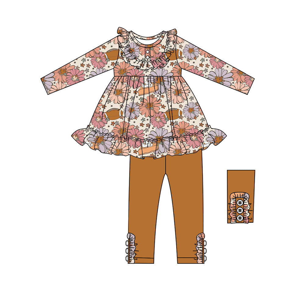 Baby Girls Brown Flowers Ruffle Tunic Top Pants Clothes Sets Preorder(moq 5)