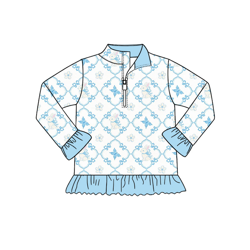 Preorder (moq 5) Baby Girl Clothes Blue Floral Lattice Bunny Allover Print Long Sleeve Quarter Zip Ruffle Hem Top