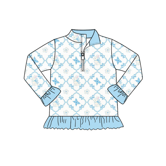 Preorder (moq 5) Baby Girl Clothes Blue Floral Lattice Bunny Allover Print Long Sleeve Quarter Zip Ruffle Hem Top