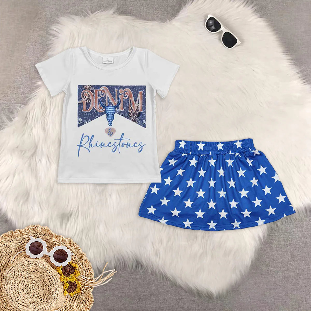 Baby Girls Western Rihinestones Shirt Stars Skorts Skirt Sets