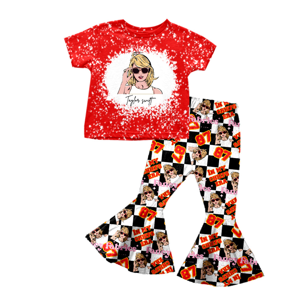 Baby Girls Western Red Checkered Singer Shirt Bell Pants Clothes Sets preorder(moq 5)