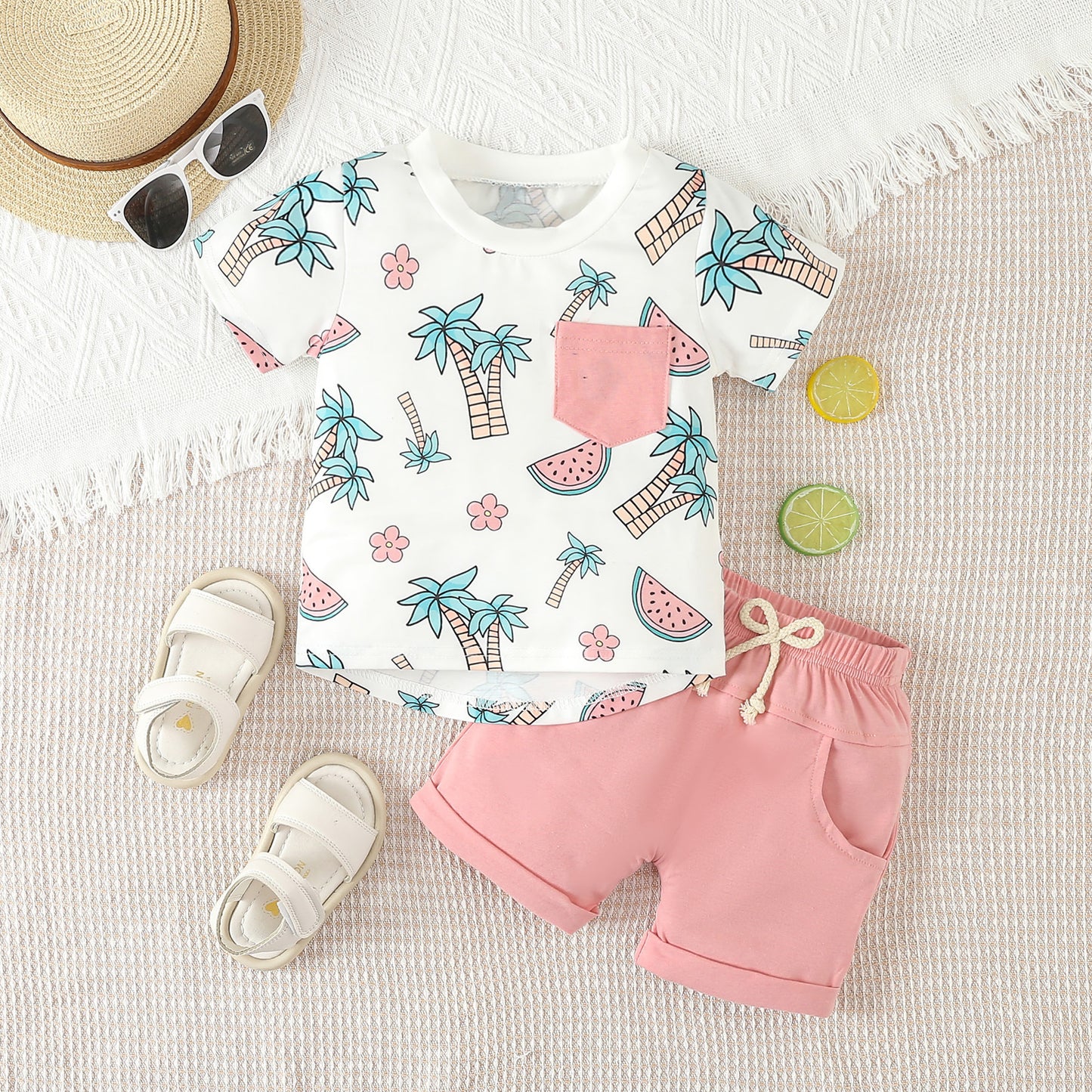 Baby Boys Tree Watermelon Pocket Tee Shirt Pink Shorts Clothes Sets preorder (moq 5)