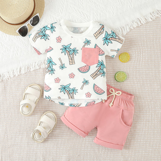 Baby Boys Tree Watermelon Pocket Tee Shirt Pink Shorts Clothes Sets preorder (moq 5)