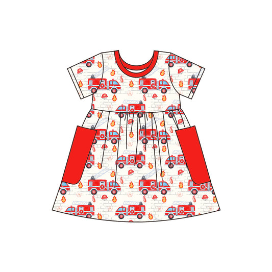 Baby Girls Firetruck Red Short Sleeve Pocket Knee Length Dresses Preorder(moq 5)