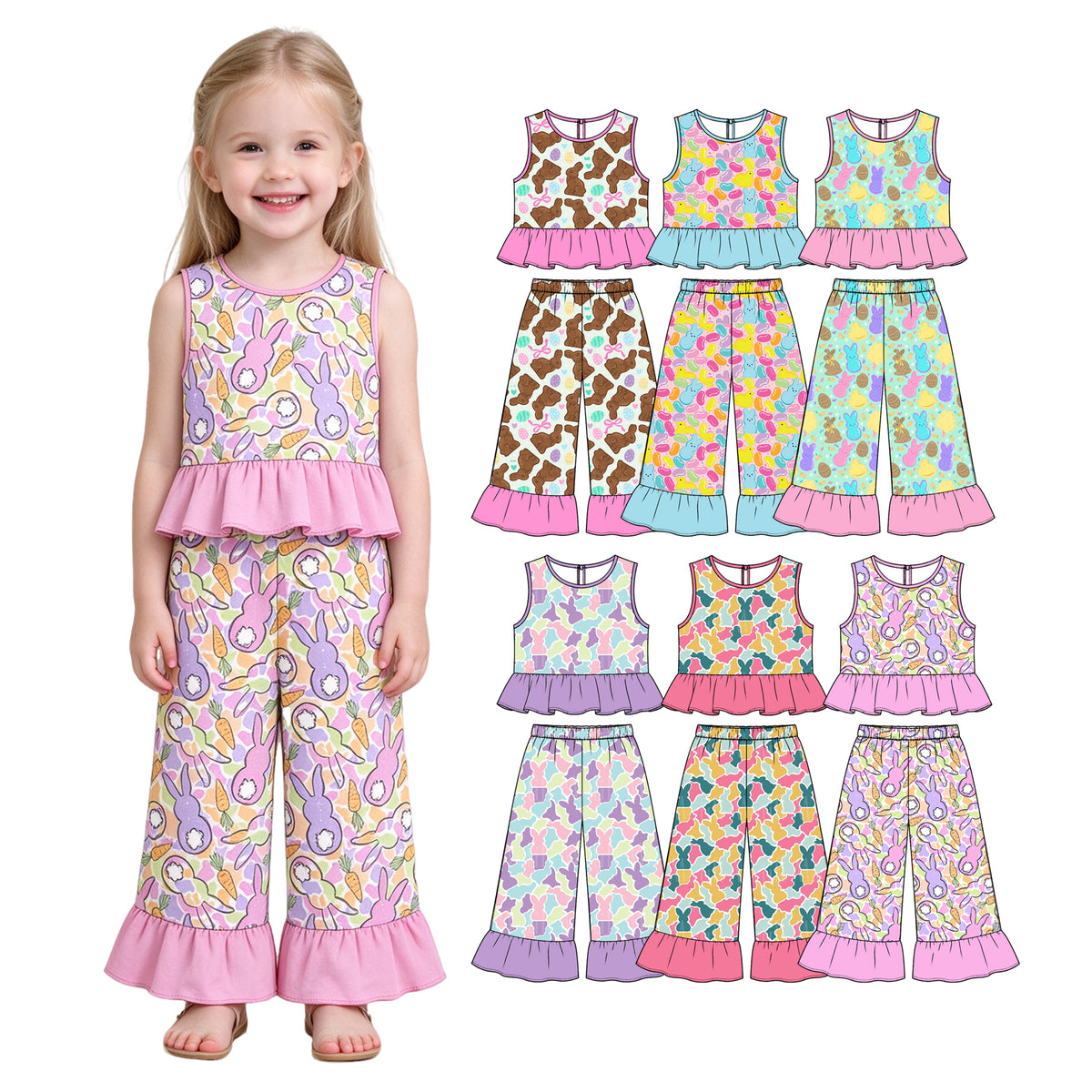 Preorder (moq 5) Baby Girl Clothes Easter Chocolate Bunny Egg Print Sleeveless Ruffle Top Ruffle Wide Leg Pants Outfit Set
