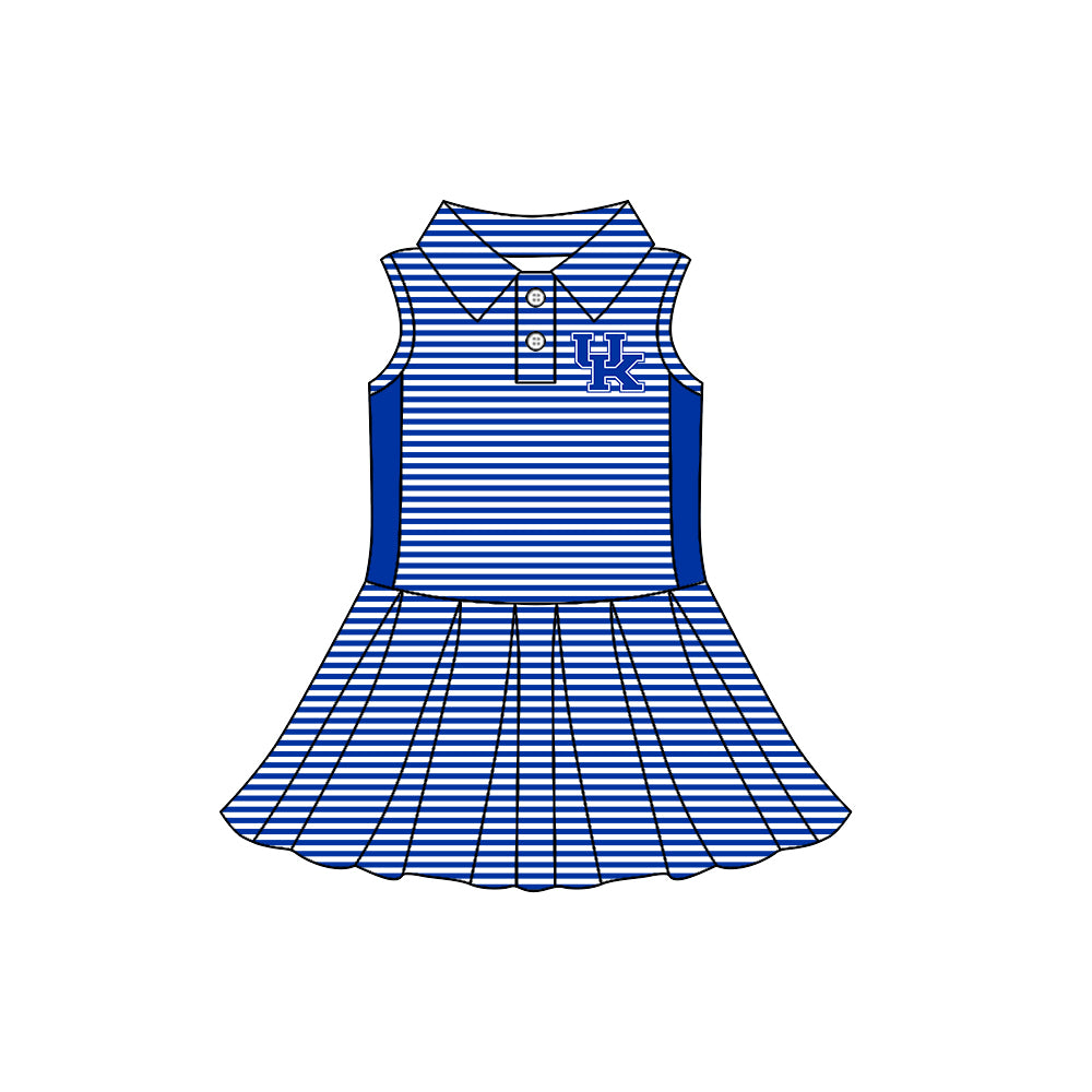 Preorder (moq 5)Baby Girls Sleeveless Blue Stripe Button UK Team Knee Length Dresses
