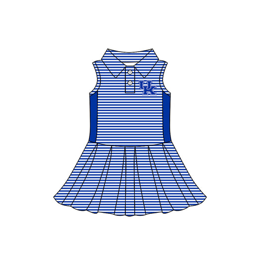 Preorder (moq 5)Baby Girls Sleeveless Blue Stripe Button UK Team Knee Length Dresses