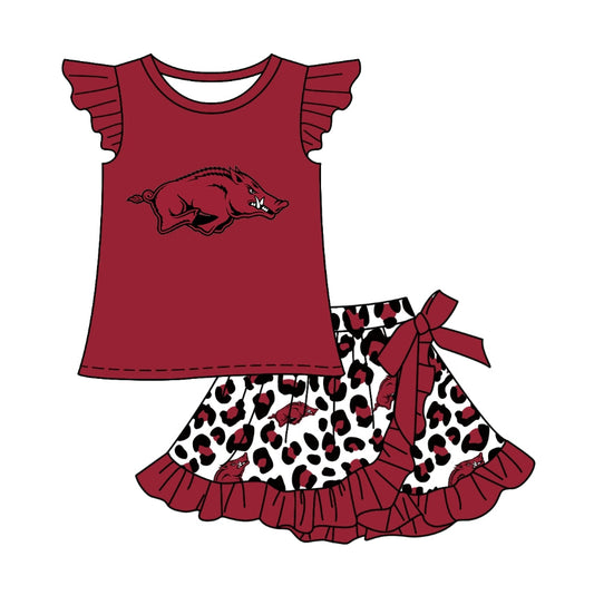 Preorder (moq 5)Baby Girls Pig Team Top Ruffle Leopard Skort Shorts Clothes Sets